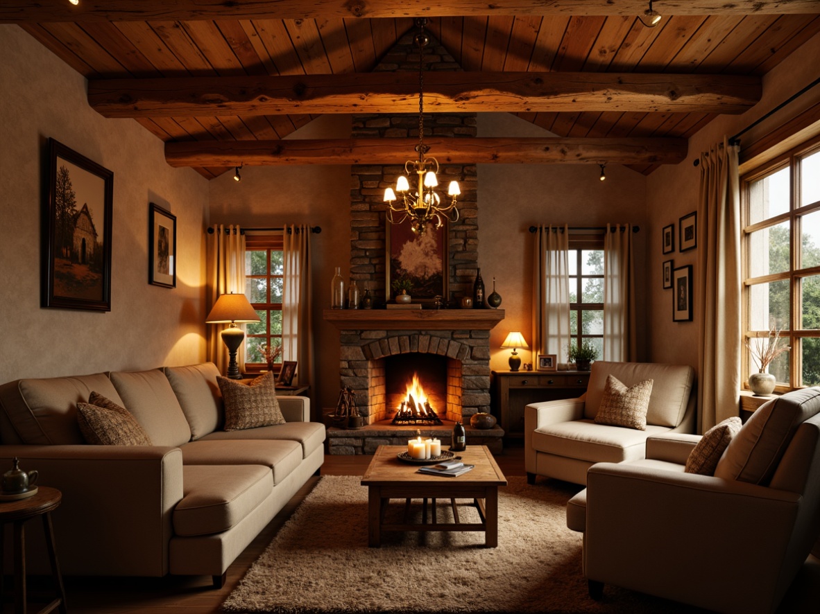 Prompt: Cozy cabin, warm wooden accents, soft glowing candles, table lamps, floor lamps, string lights, rustic chandeliers, warm beige colors, plush furniture, velvet drapes, stone fireplace, crackling fire, soft golden lighting, warm shadows, shallow depth of field, 1/1 composition, intimate atmosphere, realistic textures, ambient occlusion.