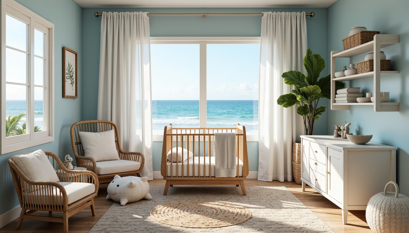 Prompt: Calming coastal nursery, soft white sand, clear blue ocean views, gentle sea breeze, driftwood-inspired crib, natural woven textiles, ocean-blue walls, creamy white furniture, distressed wood accents, shell-shaped decorations, fish-scale patterns, coral-colored rug, plush beach-themed toys, sunny afternoon lighting, shallow depth of field, 1/1 composition, warm neutral color palette, inviting cozy atmosphere.