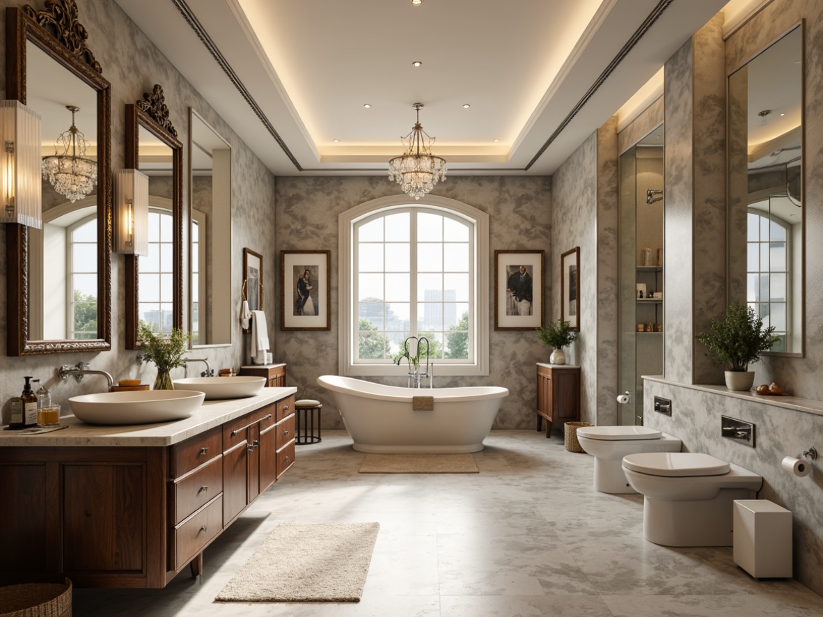 Prompt: Elegant bathroom, marble countertops, polished chrome fixtures, ornate mirrors, freestanding tubs, rainfall showerheads, LED lighting, crystal chandeliers, heated floors, wooden cabinetry, glass tile backsplashes, modern sink basins, wall-mounted toilets, luxurious textiles, spa-inspired ambiance, soft natural light, shallow depth of field, 1/1 composition, realistic reflections.