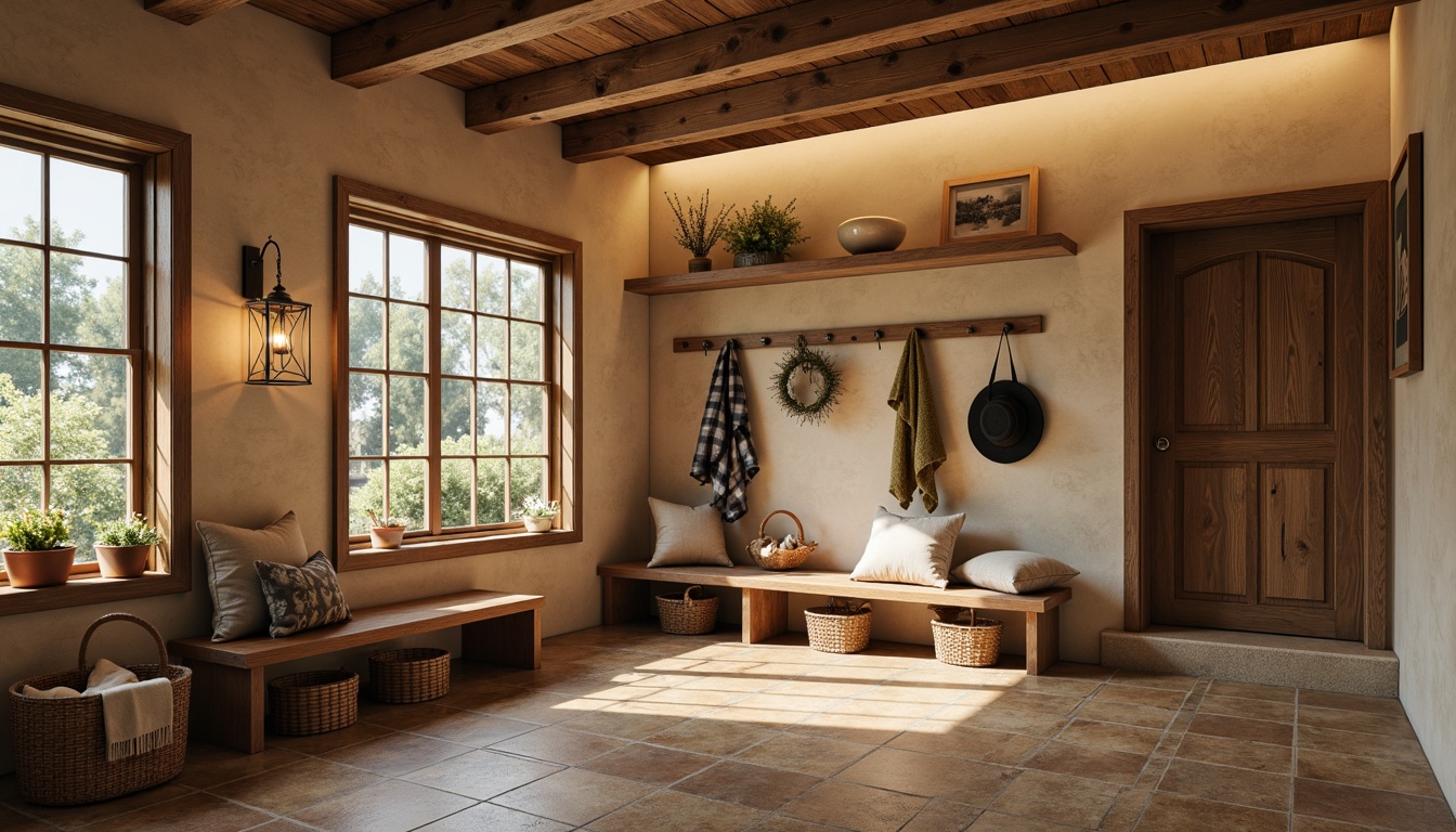 Prompt: Cozy mudroom, rustic wooden bench, woven baskets, natural stone flooring, warm beige walls, modern farmhouse lighting, pendant lanterns, soft warm glow, ambient shadows, overhead canopy, task lighting, recessed lights, LED strips, under-cabinet illumination, warm-toned metal accents, industrial-chic decor, nature-inspired textures, earthy color palette, calm atmosphere, inviting ambiance.