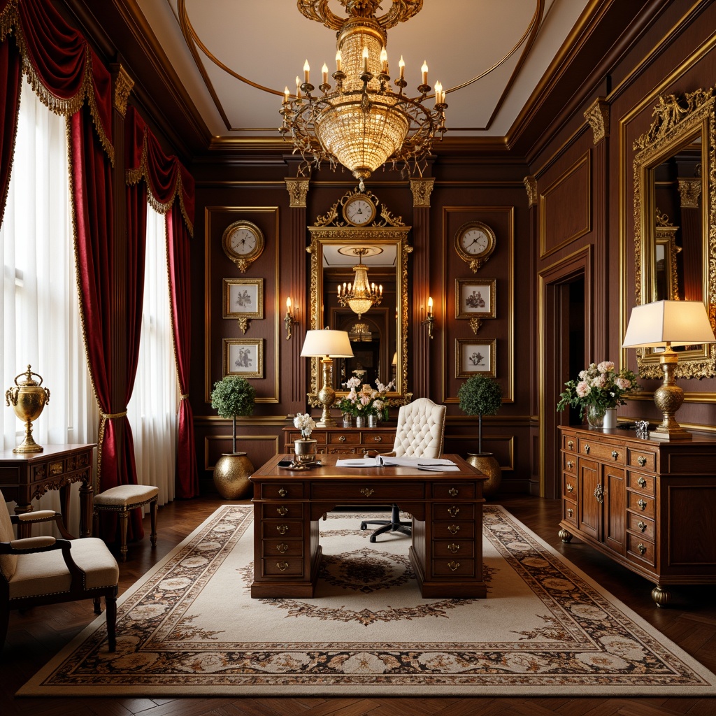 Prompt: Ornate home office, golden accents, curved lines, luxurious fabrics, velvet drapes, intricately carved wooden furniture, gilded mirrors, ornamental clocks, lavish chandeliers, soft warm lighting, shallow depth of field, 3/4 composition, realistic textures, ambient occlusion, richly patterned rugs, elegant desk lamps, comfortable ergonomic chairs, decorative wall panels, antique-inspired accessories, French neoclassical influences.