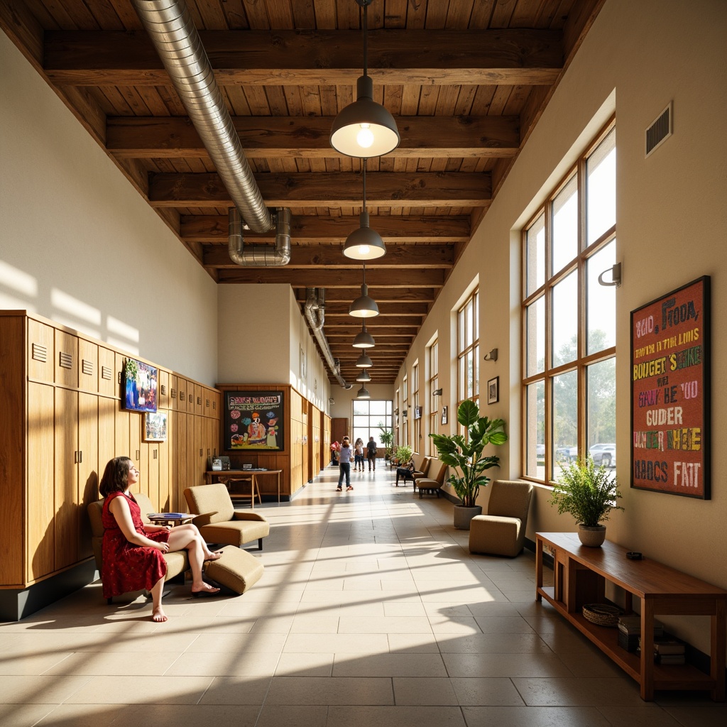 Prompt: Cozy middle school corridors, warm beige walls, wooden lockers, vibrant student artwork, natural light pouring in, large windows, soft diffused lighting, pendant lamps, comfortable seating areas, educational displays, motivational quotes, earthy tone color scheme, rustic wood accents, industrial metal beams, exposed ductwork, open ceiling plans, collaborative learning spaces, flexible furniture layouts, energetic atmosphere, morning sunlight, subtle shadows, 1/2 composition, realistic textures, ambient occlusion.