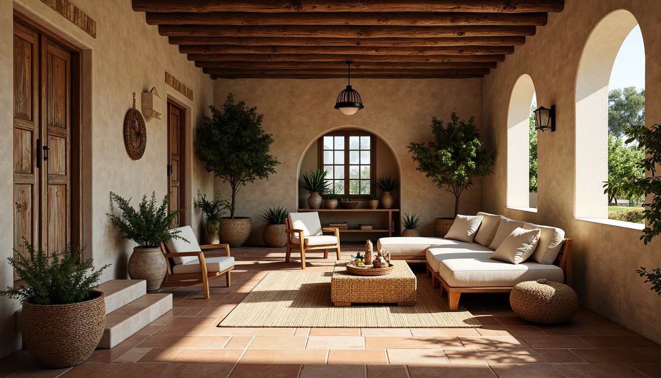 Prompt: Rustic farmhouse, Mediterranean flair, natural stone walls, reclaimed wood accents, earthy terracotta floors, vintage metal doors, lush greenery, potted plants, woven rattan furniture, jute rugs, distressed wooden beams, soft warm lighting, shallow depth of field, 1/2 composition, cozy intimate atmosphere, organic textures, ambient occlusion.