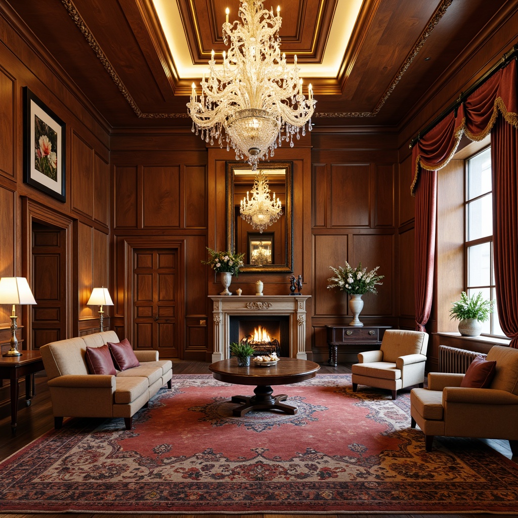 Prompt: Luxurious lobby, grand chandelier, ornate furnishings, rich wood paneling, plush carpets, crystal vases, antique furniture, velvet drapes, golden accents, intricate moldings, warm fireplaces, cozy reading nooks, vintage luggage racks, rustic wooden doors, distressed leather armchairs, elegant lighting fixtures, soft warm colors, inviting ambiance, comfortable seating areas, classic architectural details, nostalgic atmosphere, ornate ceiling decorations.