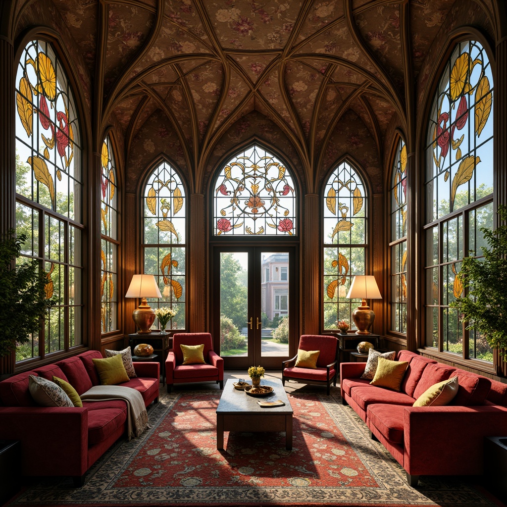 Prompt: \Opulent Art Nouveau living room, flowing organic lines, sinuous curves, ornate metalwork, stained glass windows, botanical motifs, velvet upholstery, intricately carved wooden furniture, gilded accents, soft warm lighting, 1/1 composition, shallow depth of field, realistic textures, ambient occlusion, rich jewel-toned colors, lavish textiles, whimsical patterns.\