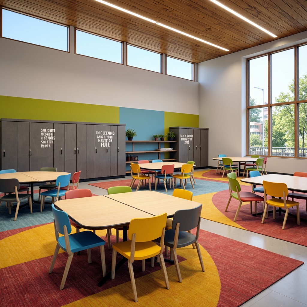 Prompt: Vibrant middle school interior, eclectic furniture style, wooden tables, colorful chairs, metal lockers, inspirational quotes, educational posters, natural wood accents, playful rug patterns, rounded edges, ergonomic design, collaborative learning spaces, softbox lighting, warm pastel colors, youthful energy, dynamic composition, shallow depth of field, 1/1 aspect ratio.