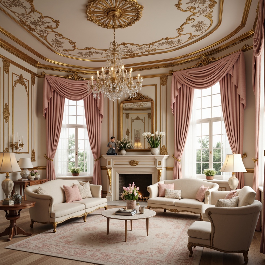 Prompt: Luxurious interior, ornate furniture, soft pastel hues, pale pink accents, creamy whites, warm beige tones, rich gold leafing, intricate carvings, velvet drapes, crystal chandeliers, lavish textiles, delicate florals, whimsical patterns, dreamy ambiance, warm candlelight, shallow depth of field, 1/1 composition, ornate frames, realistic reflections.