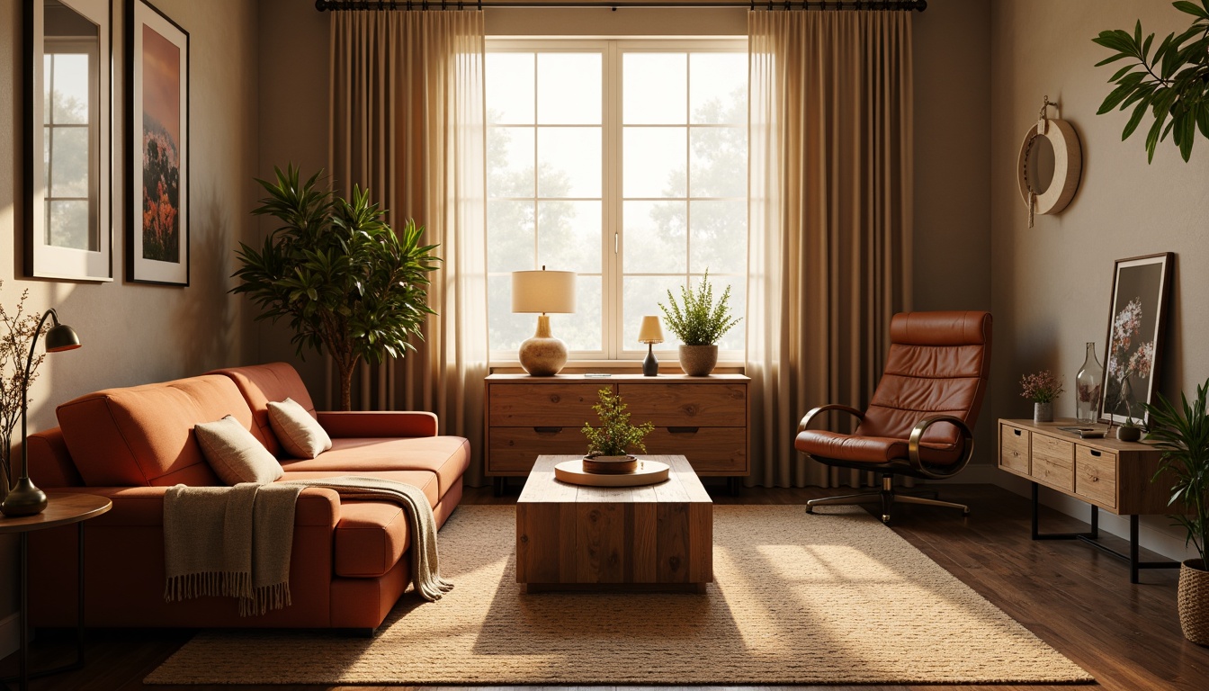 Prompt: Plush velvet sofa, rustic wooden coffee table, soft golden lighting, cozy throw blankets, minimalist metal chair, natural woven rug, earthy tone walls, modern sleek desk, ergonomic leather office chair, decorative vintage accessories, greenery plants, warm beige curtains, calm ambiance, shallow depth of field, 1/1 composition, realistic textures.