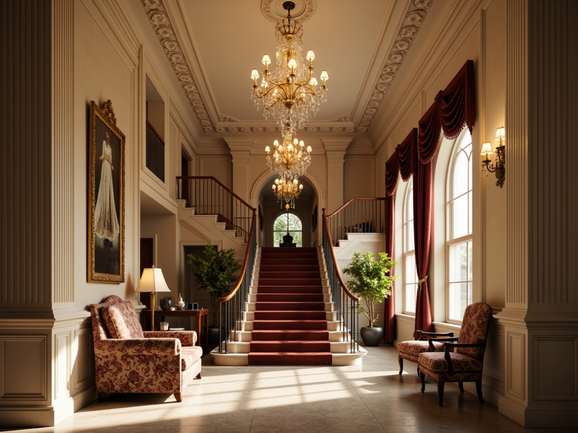 Prompt: Elegant mansion, grand staircase, ornate chandeliers, velvet drapes, luxurious fabrics, carved wooden furniture, intricate moldings, symmetrical composition, classical columns, marble floors, crystal accessories, refined upholstery, subtle patterns, warm beige tones, soft golden lighting, shallow depth of field, 1/1 composition, realistic textures, ambient occlusion.