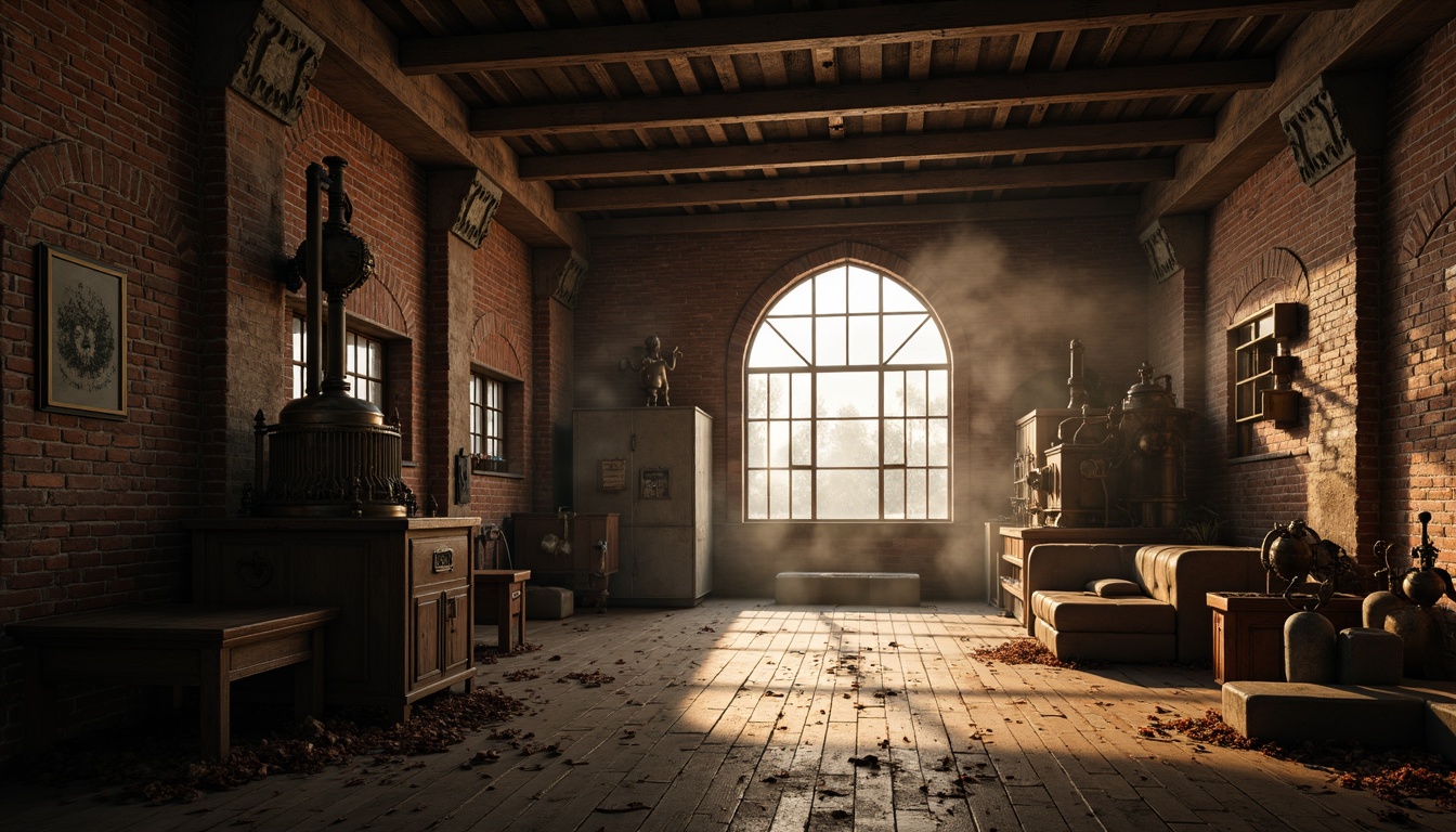 Prompt: Rustic, abandoned factory backdrop, old brick walls, metal beams, distressed wooden floors, dimly lit atmosphere, mysterious shadows, Gothic arches, stone carvings, intricate metalwork, industrial pipes, vintage machinery, steam punk elements, foggy misty effects, warm golden lighting, low-key composition, cinematic mood, realistic textures, ambient occlusion.