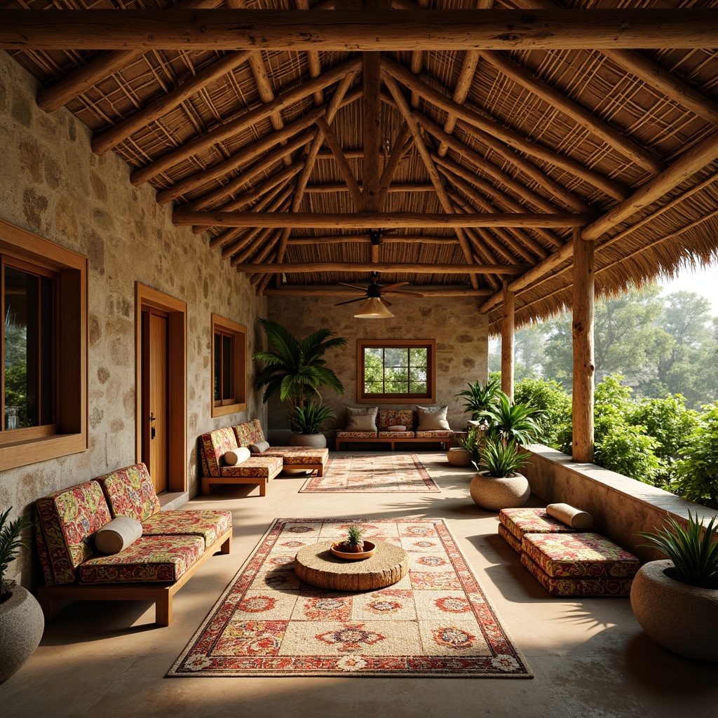 Prompt: Rustic community center, natural stone walls, wooden beam ceilings, earthy tones, woven bamboo furniture, vibrant tribal patterns, traditional thatched roofs, curved lines, organic shapes, lush greenery, tropical plants, warm sunny day, soft diffused lighting, shallow depth of field, 2/3 composition, realistic textures, ambient occlusion.