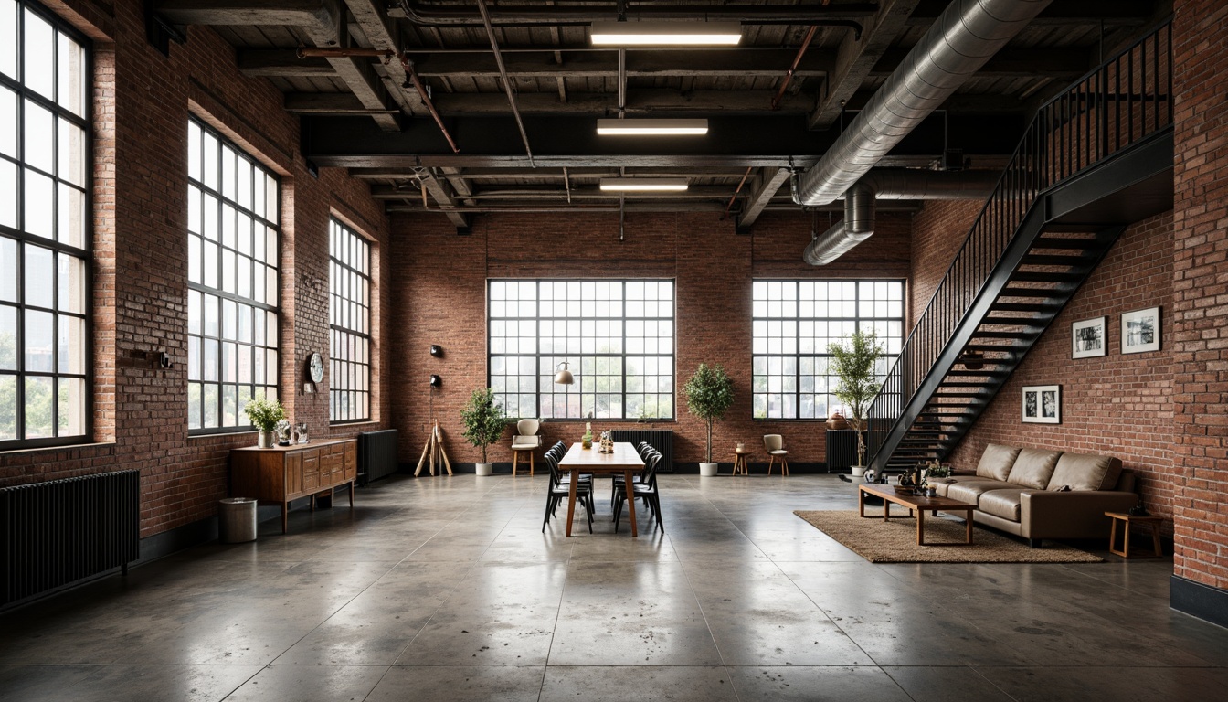 Prompt: Exposed brick walls, industrial pipes, metal beams, concrete floors, reclaimed wood accents, minimalist decor, functional lighting, metal staircases, distressed textures, urban loft atmosphere, abandoned factory setting, natural light pouring through large windows, gritty realistic render, high contrast lighting, shallow depth of field, 3/4 composition, panoramic view.