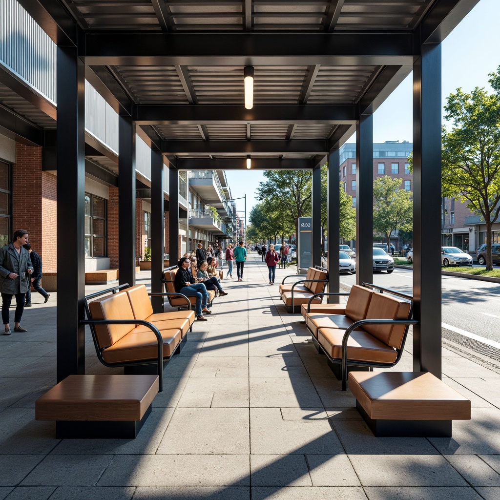 Prompt: Geometric bus station, industrial metal framework, minimalist seating areas, tubular steel chairs, leather cushions, functional lighting fixtures, rectangular wooden benches, bold color schemes, primary colors, geometric patterns, functional typography, clean lines, minimal ornamentation, rational architecture, open spaces, natural ventilation, urban landscape, busy streets, modern cityscape, afternoon sunlight, high contrast shadows, 1/2 composition, symmetrical framing, realistic materials, ambient occlusion.