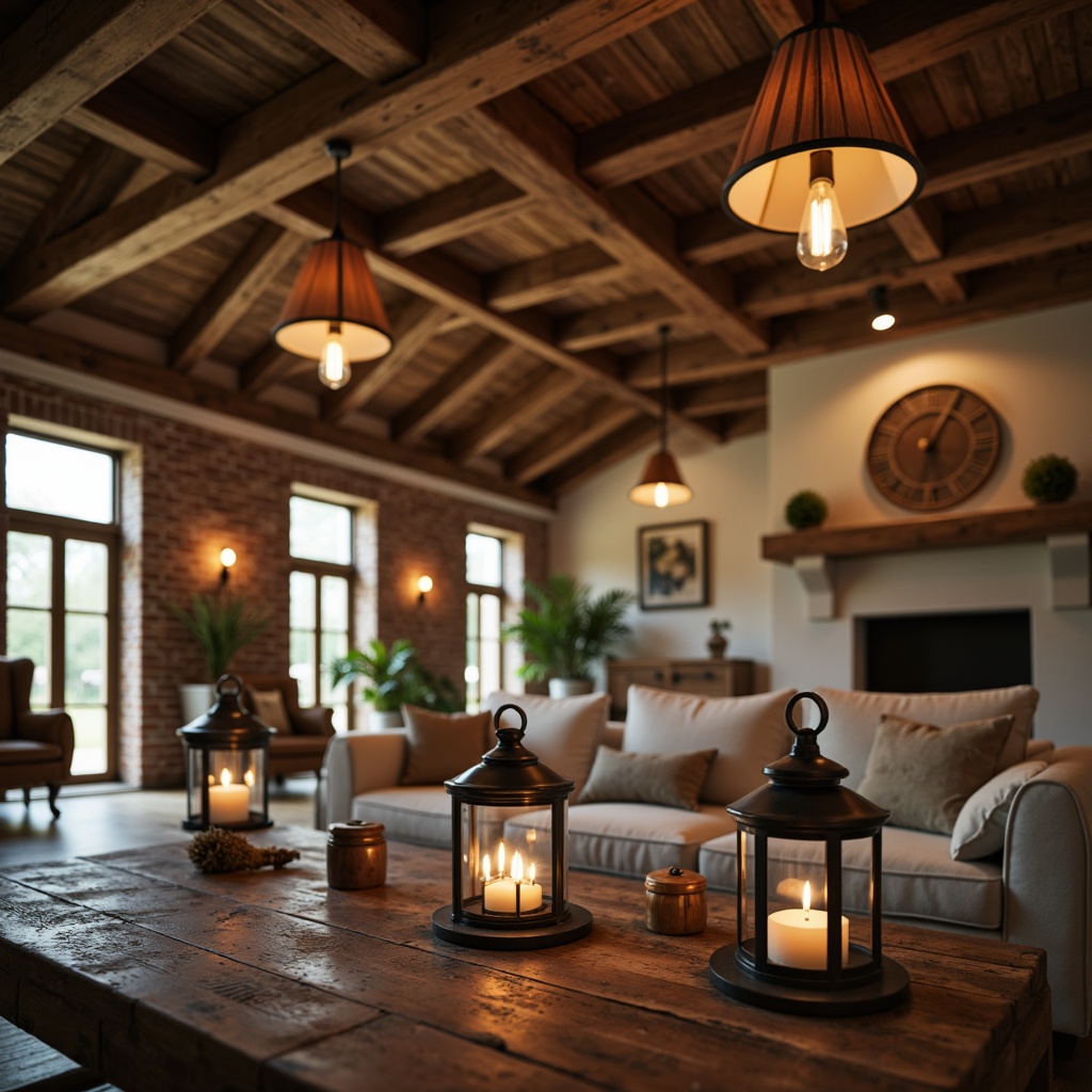 Prompt: Rustic farmhouse interior, vintage metal lanterns, distressed wood accents, soft warm glow, pendant lighting fixtures, Edison bulb chandeliers, wrought iron candle holders, natural linen shades, earthy color palette, exposed wooden beams, brick walls, cozy living room, warm afternoon light, shallow depth of field, 1/1 composition, realistic textures.