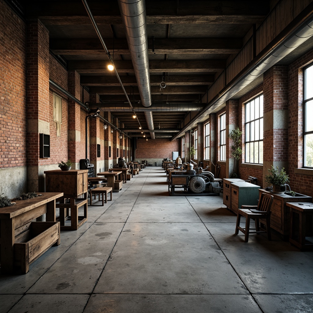 Prompt: Exposed brick walls, industrial pipes, metal beams, concrete floors, reclaimed wood accents, distressed finishes, minimalist decor, functional lighting, urban atmosphere, abandoned factory setting, decaying textures, rusty machinery, worn conveyor belts, vintage manufacturing equipment, gritty realism, high contrast lighting, dramatic shadows, 3/4 composition, cinematic mood.