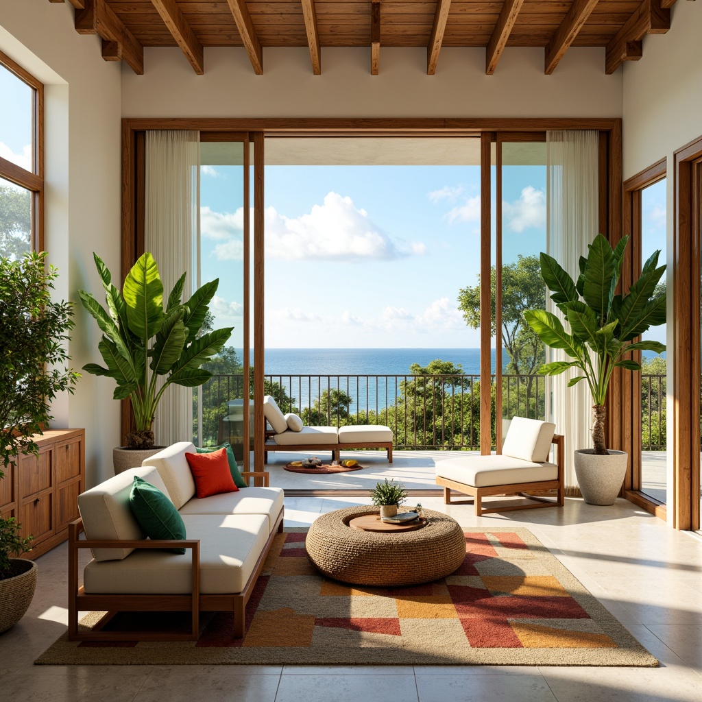 Prompt: Vibrant tropical plants, natural wood accents, woven rattan furniture, plush sectional sofas, colorful throw pillows, airy open space layout, high ceilings, sliding glass doors, breathtaking ocean views, warm sunny day, soft diffused lighting, 1/1 composition, minimalist decor, creamy white walls, polished concrete floors, exotic patterned rugs, refreshing misting systems, ambient tropical sounds.