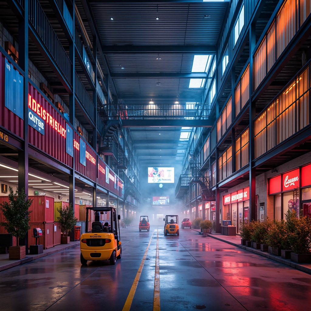 Prompt: Vibrant distribution center, bold industrial architecture, exposed metal beams, polished concrete floors, neon signage, urban landscape, cargo containers, loading docks, forklifts, steel staircases, elevated catwalks, dramatic lighting, high ceilings, open spaces, functional pipes, metallic colors, geometric patterns, abstract shapes, expressive brushstrokes, dynamic compositions, 1/2 composition, low-key lighting, atmospheric mist.Please let me know if this meets your requirements!