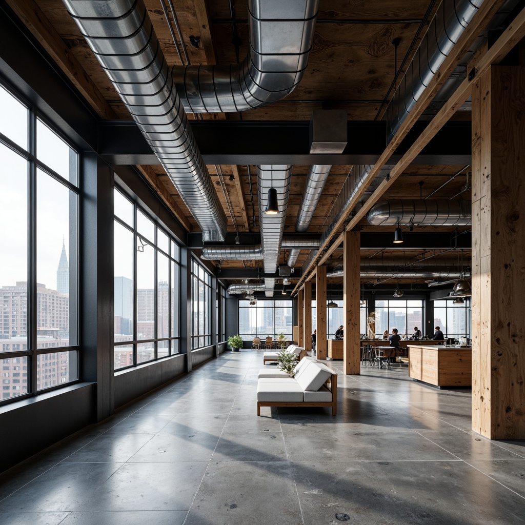 Prompt: Exposed ductwork, industrial aesthetic, urban loft atmosphere, polished concrete floors, steel beams, reclaimed wood accents, metal grid ceilings, minimalist decor, functional simplicity, brutalist architecture, raw unfinished textures, dramatic natural light, high ceilings, open floor plans, modern cityscape views, gritty urban feel, bold color contrasts, dynamic shadows, 1/1 composition, low-angle shot, harsh directional lighting.