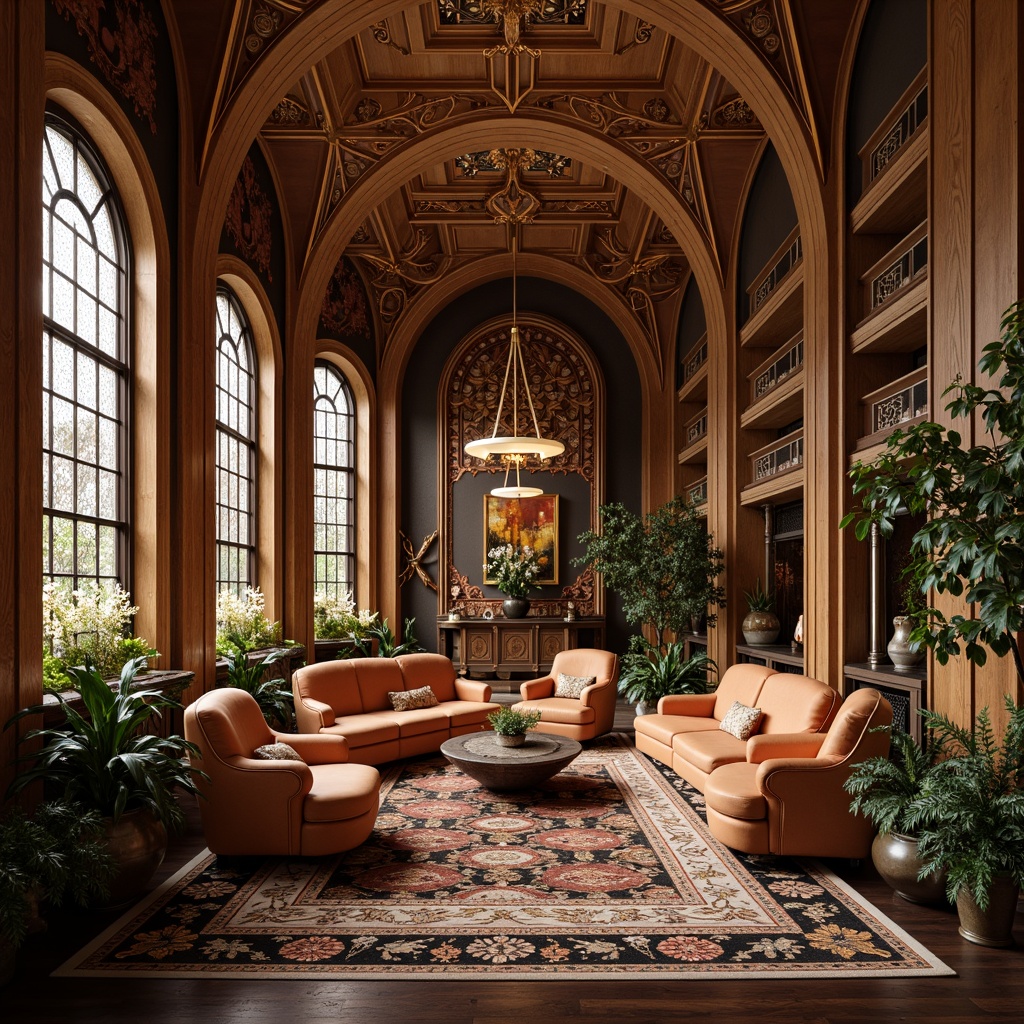 Prompt: \Ornate Art Nouveau-inspired interior, flowing sinuous lines, organic shapes, botanical motifs, rich wood tones, velvet upholstery, curved legs, intricate carvings, luxurious fabrics, bronze accents, stained glass windows, soft warm lighting, 1/1 composition, shallow depth of field, realistic textures, ambient occlusion.\Please let me know if this meets your expectations or if you need any adjustments!