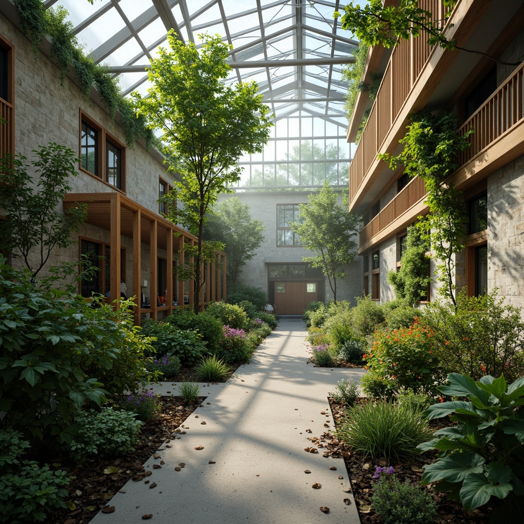 Prompt: Lush greenhouse interior, natural stone walls, wooden trellis, climbing vines, exotic plants, misty atmosphere, warm soft lighting, shallow depth of field, 1/1 composition, realistic textures, ambient occlusion, modern academic architecture, glass roofs, steel beams, wooden benches, educational signage, innovative hydroponics systems, vertical farming, living walls, eco-friendly materials, minimalist design, serene ambiance, vibrant greenery.