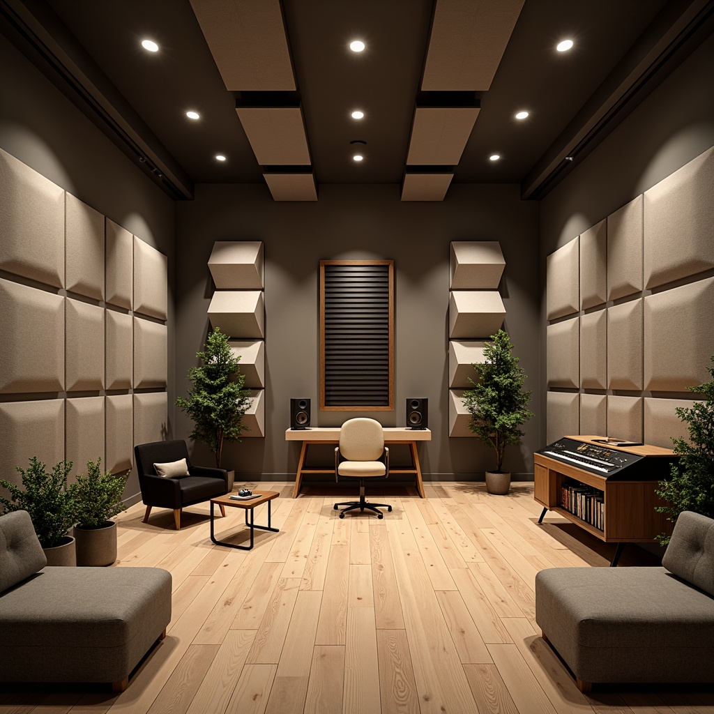 Prompt: Modern recording studio, soundproofed walls, acoustic panels, geometric shapes, absorptive materials, neutral color scheme, professional audio equipment, microphone stands, soundboards, comfortable seating, minimal reverberation, optimal sound control, warm ambient lighting, 1/2 composition, realistic textures, shallow depth of field.