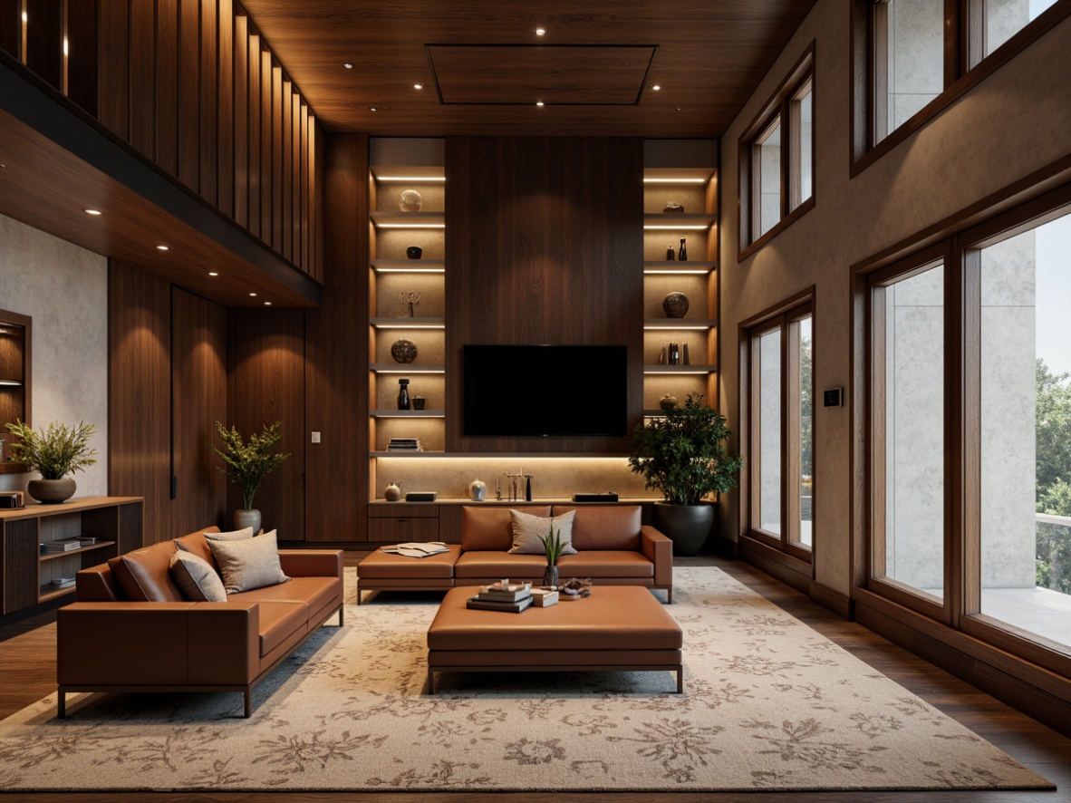 Prompt: Luxurious interior design, high-end furniture pieces, rich wood tones, polished metal accents, smooth leather upholstery, textured stone walls, matte ceramic tiles, subtle patterned rugs, soft warm lighting, 3/4 composition, shallow depth of field, realistic reflections, ambient occlusion.