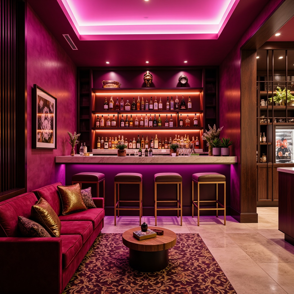 Prompt: Vibrant magenta home bar, luxurious velvet furniture, metallic gold accents, rich wood tones, bold patterned rugs, dimmable lighting, cozy atmosphere, statement artwork, eclectic decorative objects, sleek glass shelves, minimalist chrome fixtures, deep berry red walls, creamy white marble countertops, warm beige flooring, plush throw pillows, sophisticated cocktail station, premium spirits display, glamorous LED backlighting, cinematic ambiance, dramatic low-angle shot, 1/2 composition, high-key lighting.