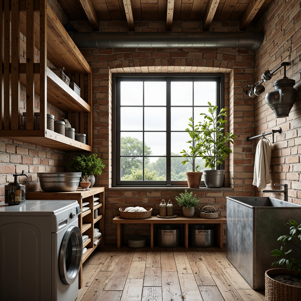 Prompt: Rustic farmhouse laundry room, open shelving with wooden crates, vintage metal buckets, distressed brick walls, worn wooden floors, soft warm lighting, natural linen textiles, earthy color palette, industrial metal pipes, modern farmhouse sink, galvanized steel tubs, woven baskets, potted greenery, rural landscape views, cloudy day, shallow depth of field, 1/1 composition, realistic textures, ambient occlusion.