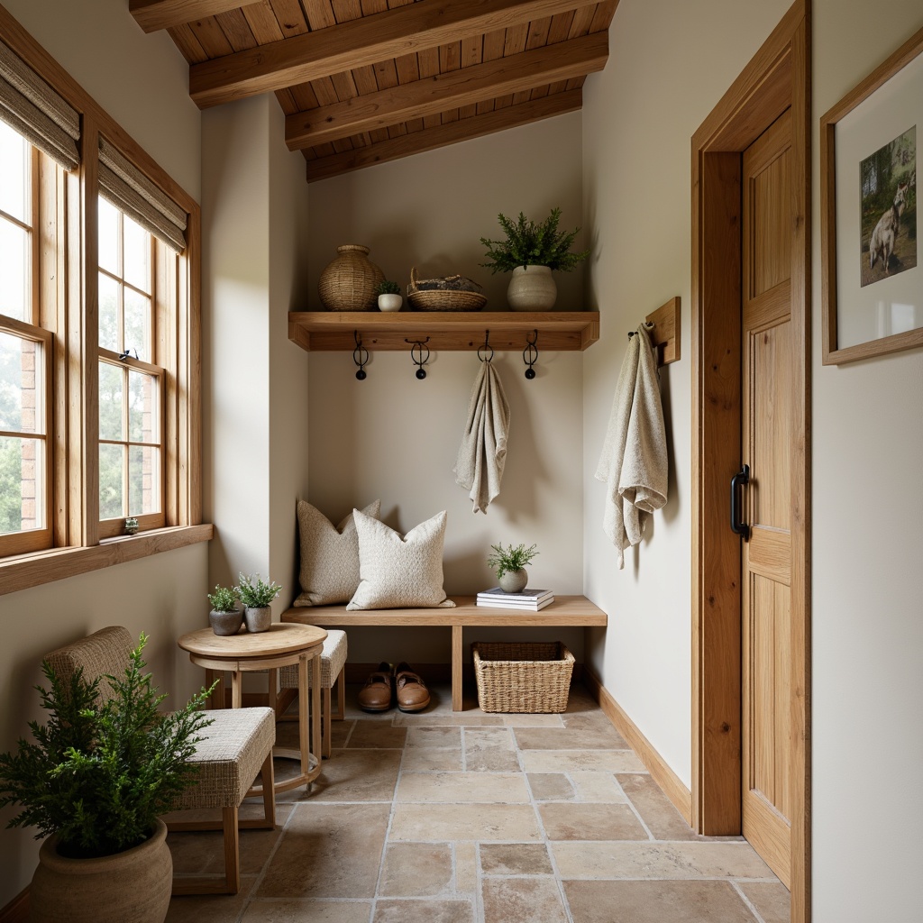 Prompt: Cozy mudroom, earthy tones, warm beige walls, rich wood accents, natural stone floors, comfortable seating, woven baskets, rustic metal hooks, functional shelving, soft warm lighting, inviting atmosphere, calming color scheme, nature-inspired hues, sage green, sandy brown, weathered wood, creamy white, subtle texture, organic feel, relaxing ambiance.