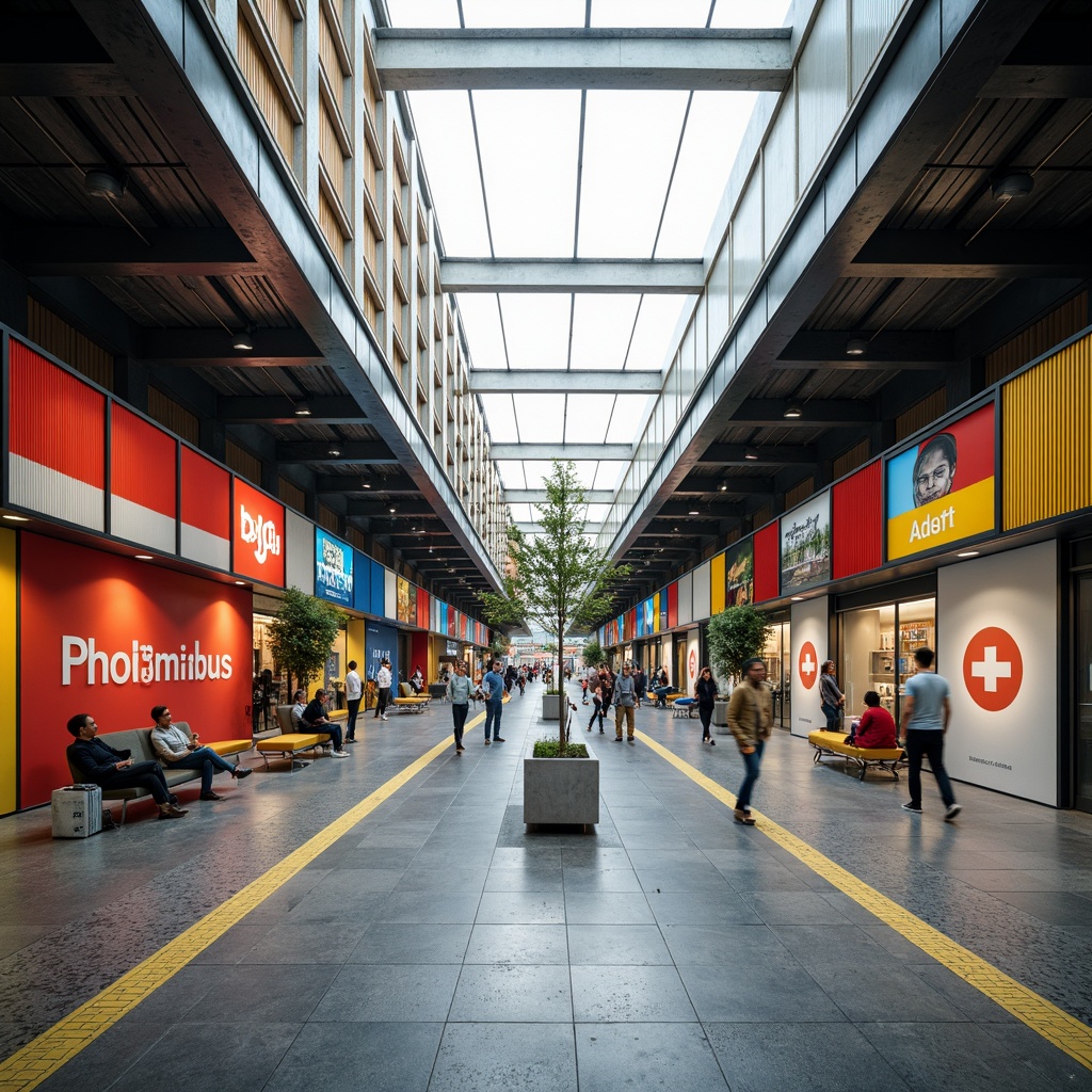 Prompt: Bauhaus-inspired bus station, primary colors, bold typography, rectangular shapes, industrial materials, exposed ductwork, metal beams, concrete floors, geometric patterns, minimalist decor, functional design, urban setting, busy atmosphere, natural light, overhead skylights, cantilevered roofs, modernist architecture, clean lines, monochromatic color scheme, bold accents, dynamic lighting, high-contrast shadows, 1-point perspective, dramatic composition, realistic textures, ambient occlusion.