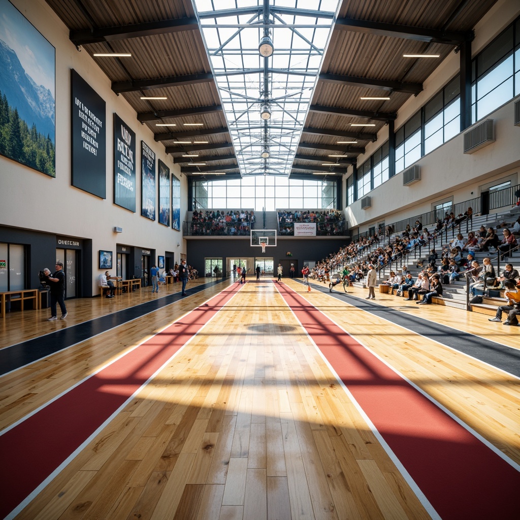 Prompt: Polished wooden floors, athletic track lanes, sports equipment storage, academic banners, motivational quotes, natural light pouring in, high ceilings, modern architectural design, sleek lines, minimalist aesthetic, rubber flooring accents, colorful court markings, stadium-style seating, ambient lighting, soft shadows, realistic reflections, shallow depth of field, 1/1 composition, panoramic view.