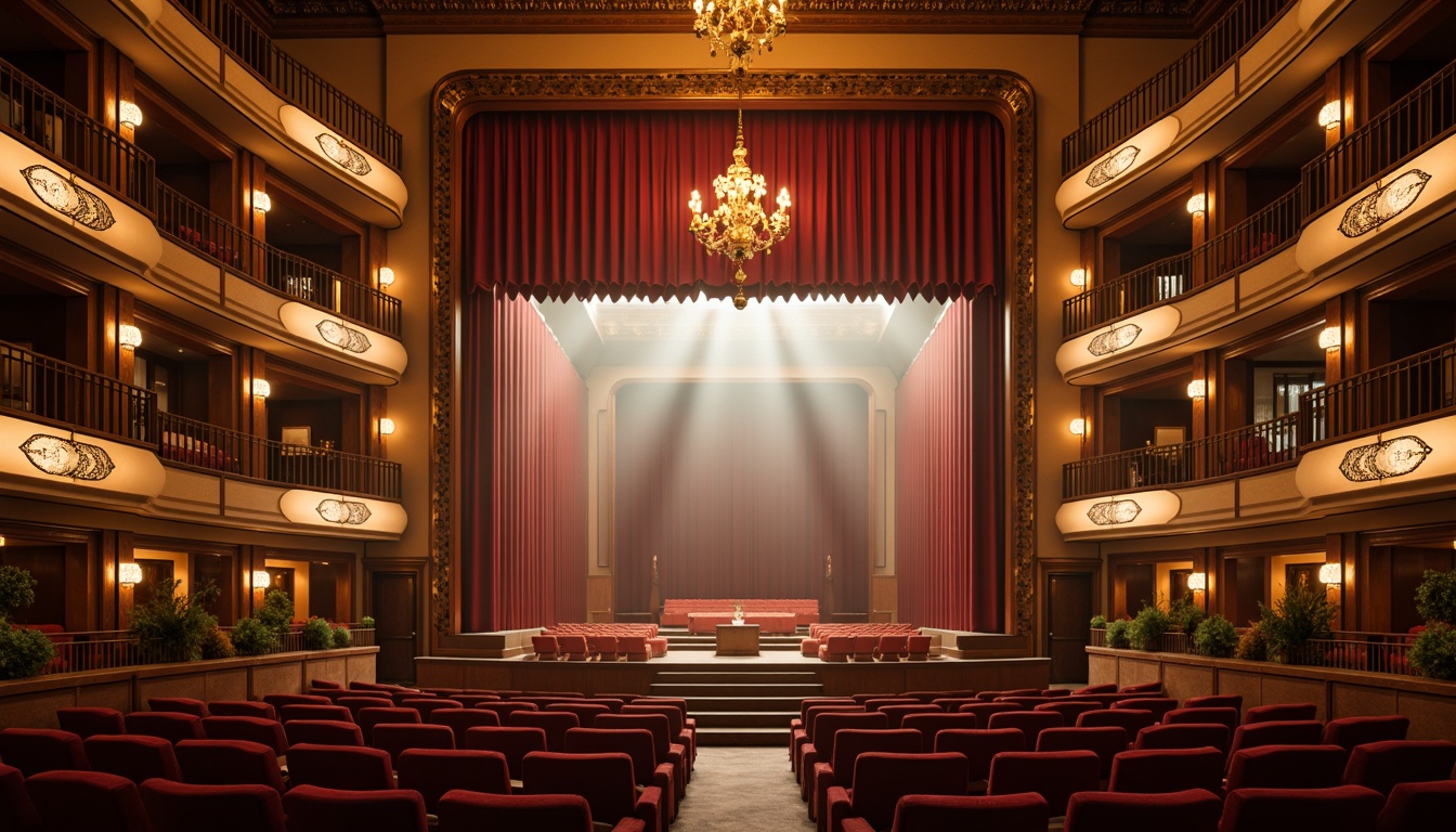 Prompt: Elegant opera house, mid-century modern style, grand stage, velvet curtains, ornate chandeliers, warm golden lighting, soft spotlight beams, dramatic shadowing, luxurious wood paneling, sleek metal railings, plush red seating, intricate moldings, ornamental plasterwork, crystal sconces, floor-to-ceiling windows, natural light pouring in, 3/4 composition, low-angle shot, cinematic atmosphere, realistic reflections, ambient occlusion.