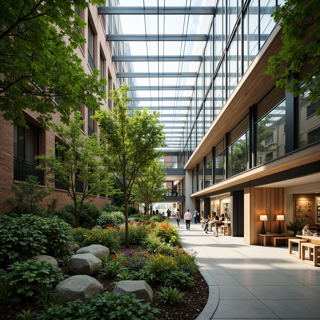 Prompt: Lush greenery, vibrant flowers, natural light pouring in, glass roof, steel frame structure, modern academic architecture, warm wooden accents, comfortable seating areas, educational displays, botanical specimens, misting system, soft diffused lighting, shallow depth of field, 1/1 composition, realistic textures, ambient occlusion.