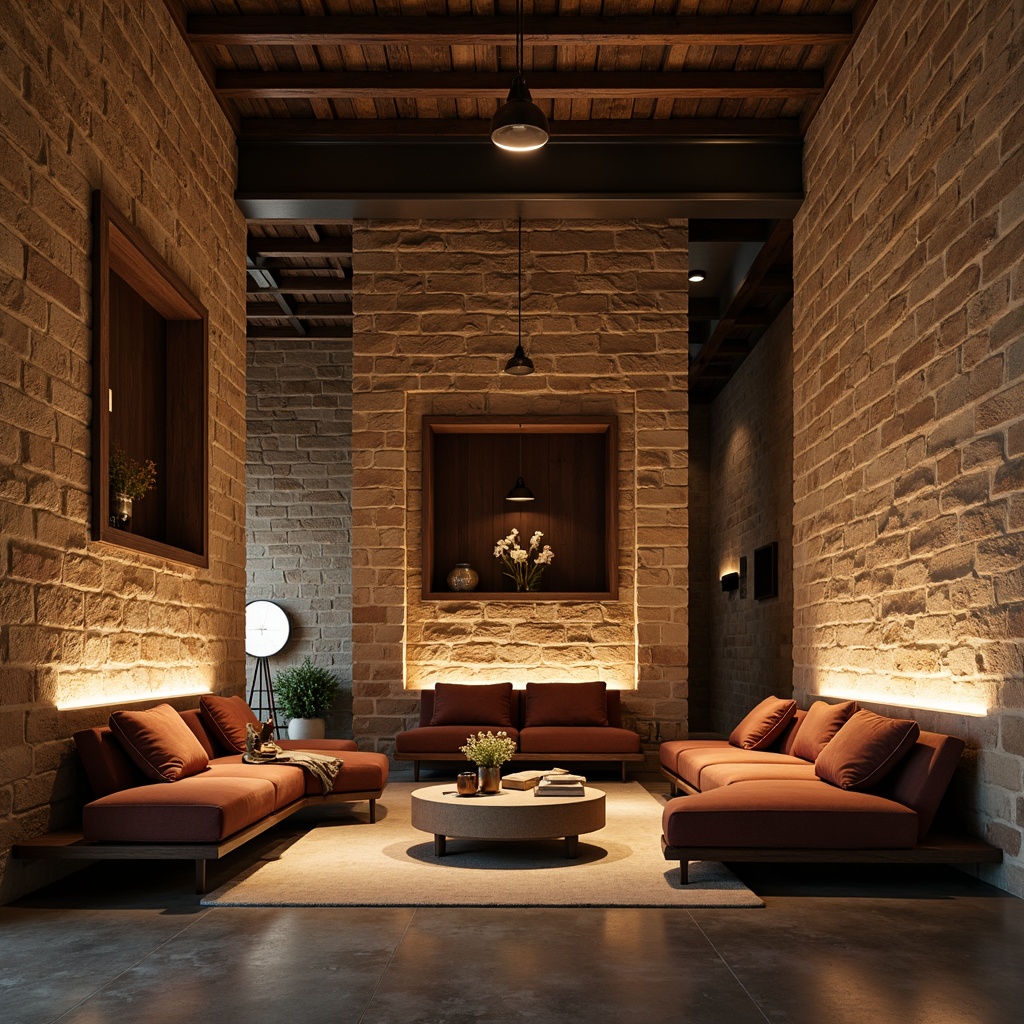 Prompt: Exposed stone walls, earthy tones, natural textures, warm LED lighting, industrial-chic metal beams, polished concrete floors, rustic wooden accents, cozy reading nooks, plush sectional sofas, rich velvet fabrics, modern minimalist decor, subtle color palette, softbox shadows, 1/1 composition, cinematic framing, dramatic chiaroscuro.