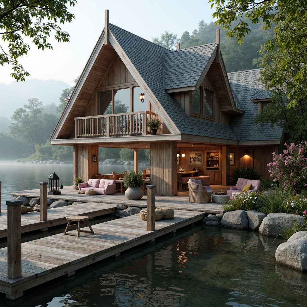 Prompt: Rustic boathouse, wooden docks, nautical ropes, vintage anchors, soft misty mornings, serene lake views, lush greenery, blooming flowers, natural stone foundations, steeply pitched roofs, rustic wood shingles, distressed wood accents, ornate metal lanterns, soft warm lighting, cozy interior spaces, plush furnishings, classic country d\u00e9cor, elegant wooden floors, soft pastel colors, vintage nautical artifacts, French-inspired shutters, decorative corbels, intricate stonework, whimsical water features.