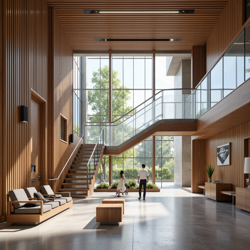 Prompt: Modern courthouse interior, sleek wooden accents, polished marble floors, minimalist benches, ergonomic chairs, stainless steel fixtures, frosted glass partitions, natural light pouring in, high ceilings, grand staircases, sophisticated color schemes, abstract artwork, subtle textures, soft warm lighting, shallow depth of field, 3/4 composition, realistic reflections, ambient occlusion.