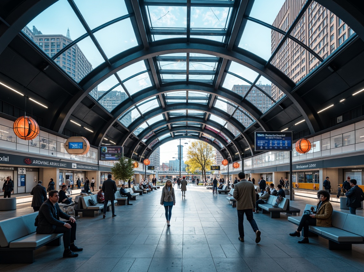 Prompt: Modern train station, sleek metal beams, transparent glass roofs, vibrant LED lighting, futuristic benches, interactive digital displays, real-time schedule updates, comfortable lounge seating, ample charging stations, minimalist decor, urban architecture, bustling city atmosphere, morning rush hour, soft natural light, shallow depth of field, 1/1 composition, panoramic view, realistic textures, ambient occlusion.