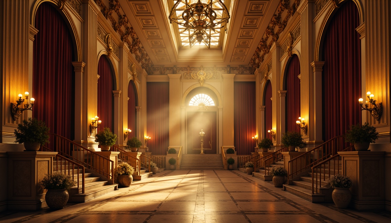 Prompt: Grand cinematic set, majestic columns, ornate capitals, golden accents, rich velvet drapes, intricately carved wooden paneling, opulent chandeliers, marble flooring, sweeping staircases, regal archways, dramatic spotlights, warm golden lighting, atmospheric fog effects, 3/4 composition, shallow depth of field, cinematic lens flares.