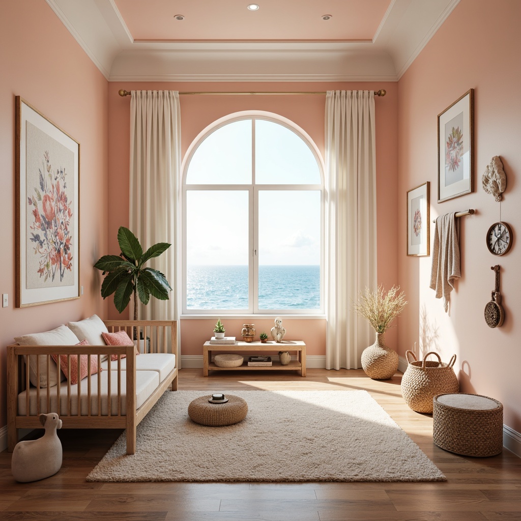 Prompt: Soft peach-colored walls, gentle sea breeze, calming ocean views, plush area rugs, natural wood cribs, woven seagrass baskets, driftwood mobiles, creamy white curtains, shell-inspired decorative accents, soothing aqua blues, coral pinks, sandy neutrals, ocean-themed wall art, delicate sea fans, cozy reading nooks, warm beachy lighting, shallow depth of field, 1/1 composition, realistic textures, ambient occlusion.