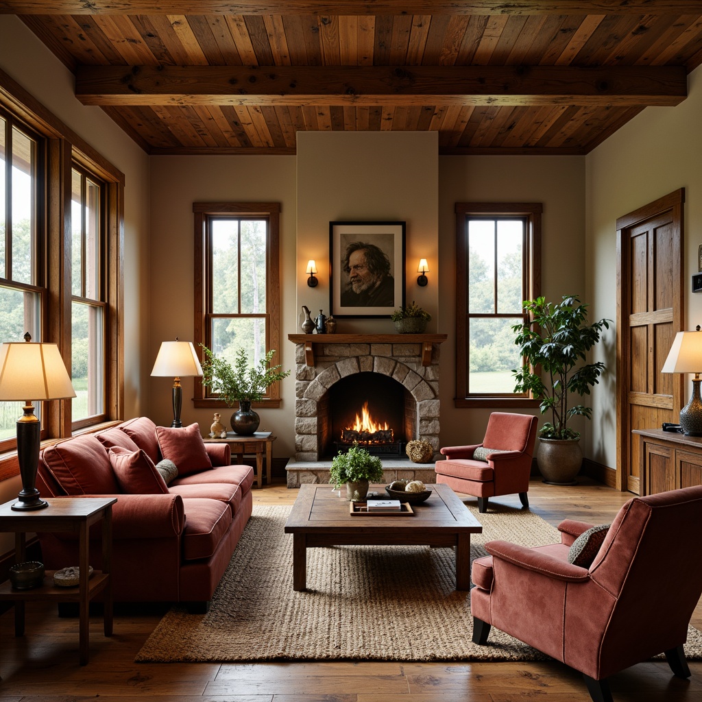 Prompt: Cozy craftsman living room, warm wooden accents, plush velvet sofas, rustic wooden coffee tables, vintage metal lamps, earthy color palette, natural stone fireplace, woven jute rugs, comfortable oversized armchairs, rich leather upholstery, ornate wooden carvings, soft golden lighting, 1/1 composition, intimate atmosphere, realistic wood textures, ambient occlusion.