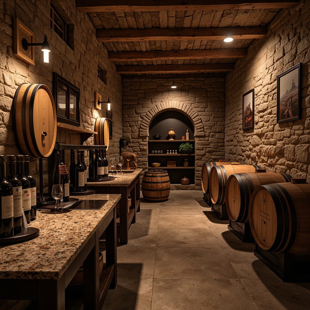 Prompt: Rustic wine cellar, stone walls, brick arches, wooden barrels, oak casks, dimly lit atmosphere, earthy aroma, rich wood tones, granite countertops, wrought iron decorations, vintage wine-making equipment, aged wooden crates, soft warm lighting, shallow depth of field, 1/1 composition, realistic textures, ambient occlusion.