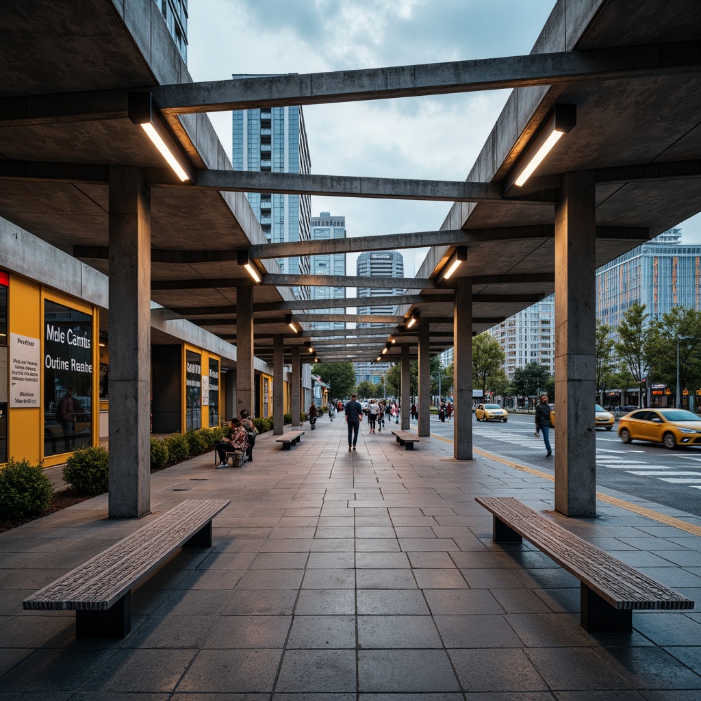 Prompt: Industrial-chic bus station, angular steel beams, exposed concrete walls, functionalist architecture, rectangular shapes, primary color accents, bold typography, modernist lighting fixtures, sleek metal benches, minimalist signage, urban cityscape, cloudy day, dramatic high-contrast lighting, strong shadows, 1/1 composition, symmetrical framing, realistic metallic textures, subtle ambient occlusion.