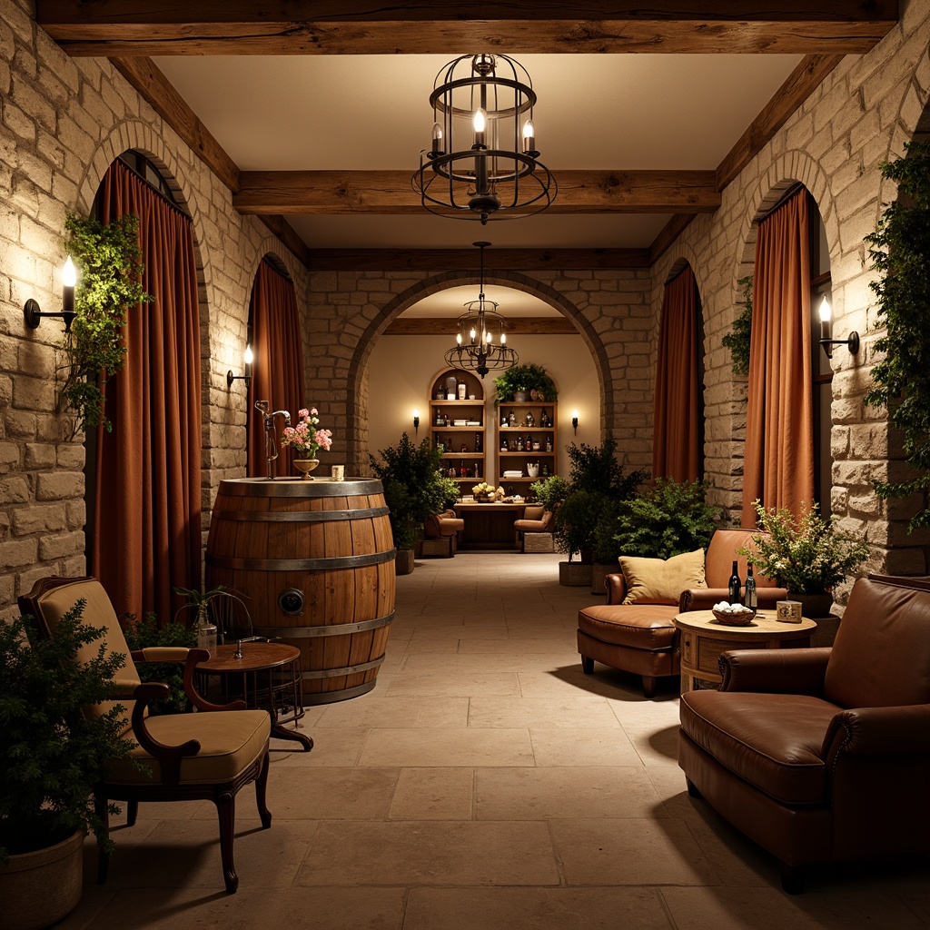 Prompt: Rustic wine cellar, earthy tones, wooden barrels, stone walls, dim warm lighting, ornate metalwork, vintage wine-making equipment, rich leather furnishings, classic wooden crates, distressed wood accents, soft candlelight, intimate atmosphere, low ceiling, narrow corridors, aged brick arches, ornamental grapevines, antique wine-themed decorations, warm beige colors, rich velvet drapes, refined wooden furniture, traditional European-inspired design, cozy nooks, dramatic shadows, realistic textures, atmospheric lighting.