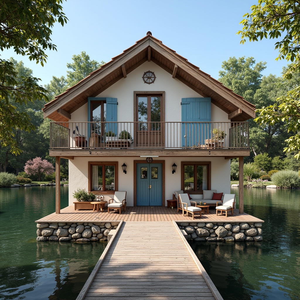 Prompt: Rustic boathouse, stone foundations, wooden dock, nautical decorations, vintage anchors, distressed wood accents, soft blue shutters, creamy white walls, steeply pitched roof, terra cotta tiles, ornate metal railings, lantern-style lighting, lush greenery, blooming flowers, serene lake views, warm sunny day, shallow depth of field, 1/2 composition, realistic textures, ambient occlusion.