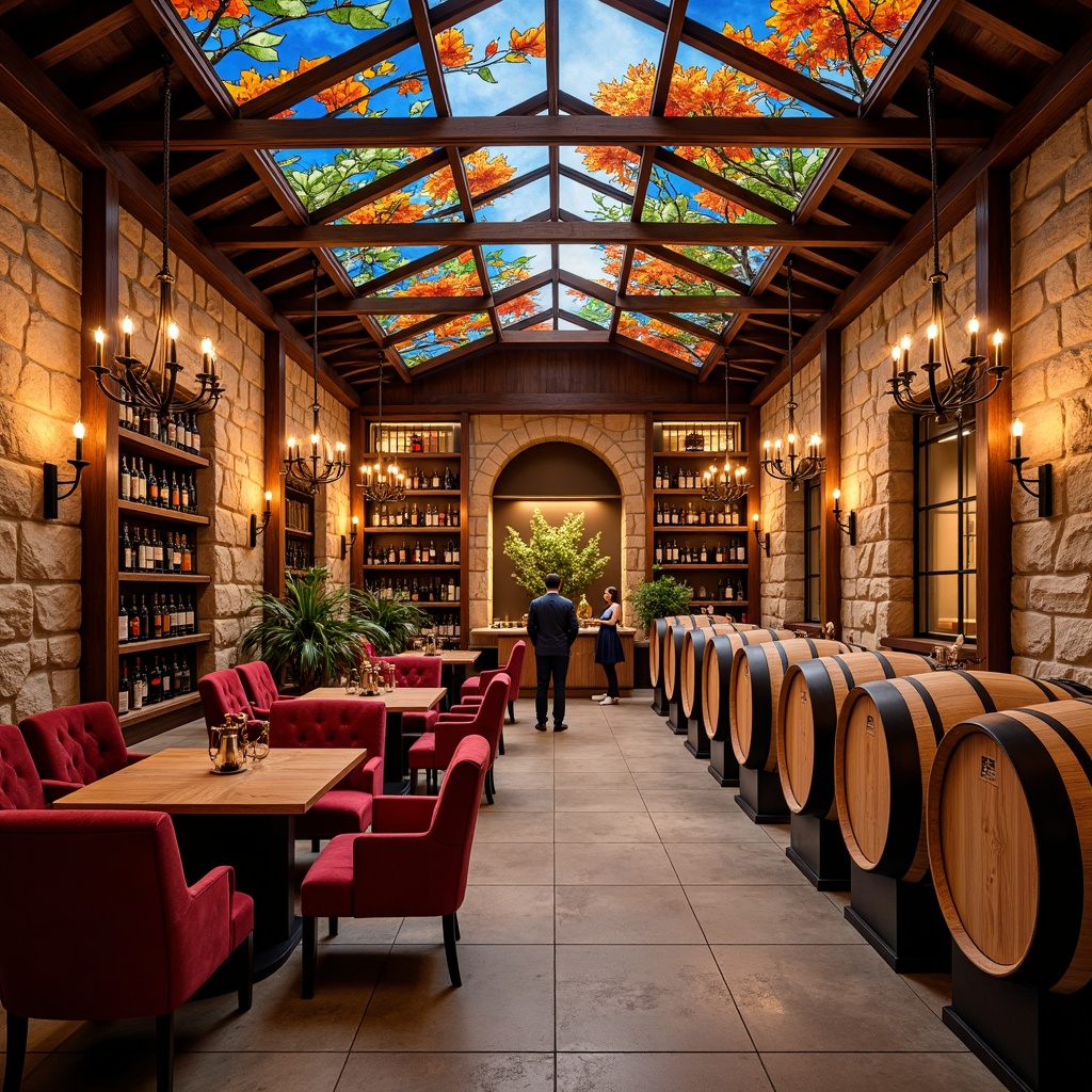 Prompt: Vibrant winery interior, rich wood accents, rustic stone walls, warm ambient lighting, colorful glass features, stained glass ceilings, ornate metal chandeliers, plush velvet furnishings, elegant wooden barrels, wine tasting tables, modern minimalist decor, earthy color palette, natural textures, soft focus, 1/1 composition, warm golden lighting, realistic reflections.