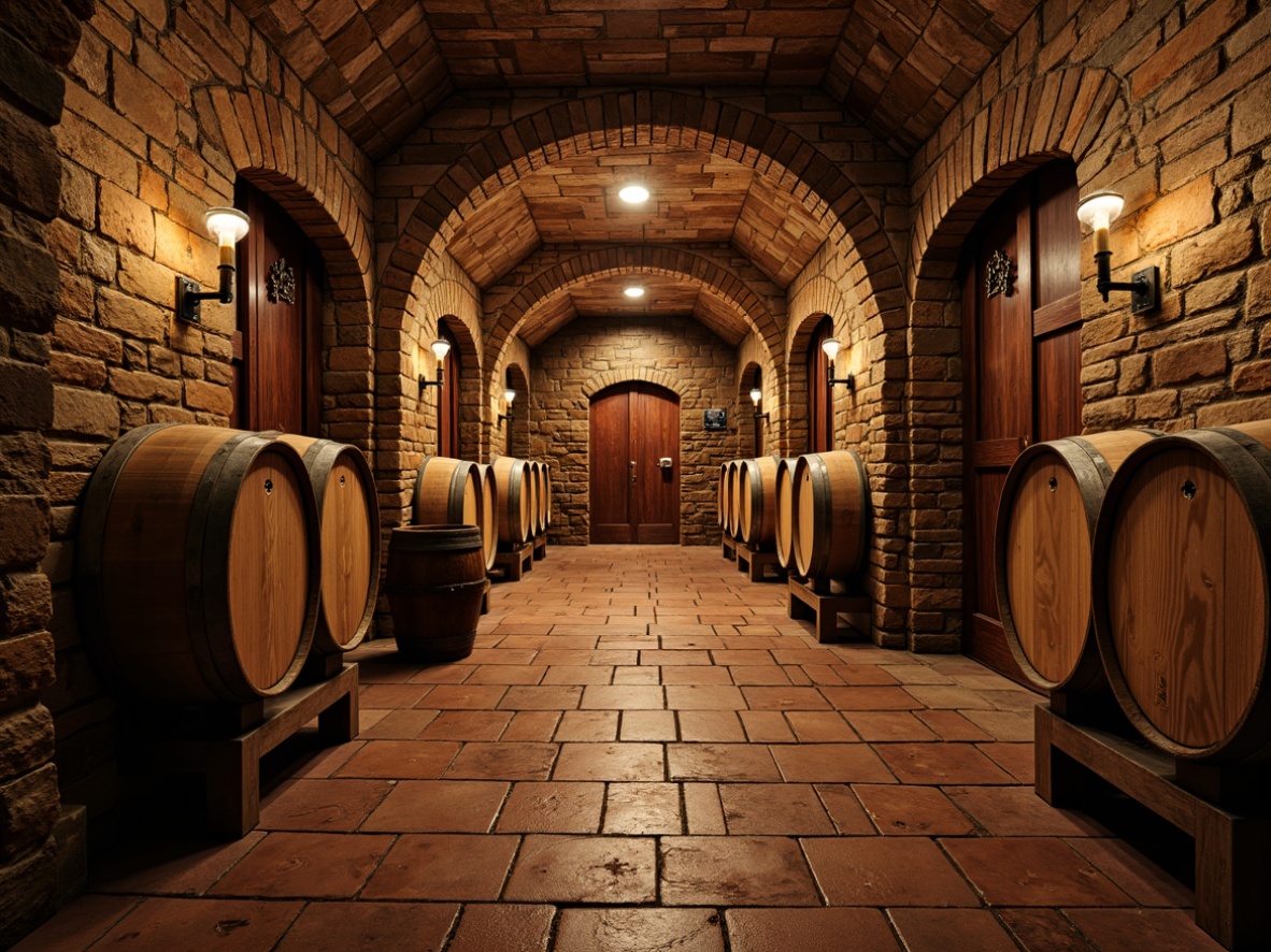 Prompt: Rustic wine cellar, stone walls, brick arches, wooden barrels, dim warm lighting, earthy aromas, aged oak wood, terracotta tiles, rough-hewn stonework, medieval-inspired architecture, vaulted ceilings, ornate metalwork, ancient wooden doors, soft diffused light, shallow depth of field, 1/1 composition, realistic textures, ambient occlusion.