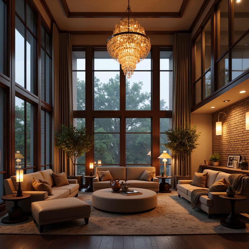 Prompt: Cozy living room, warm atmosphere, soft glowing lamps, floor-to-ceiling windows, natural light pouring in, elegant chandeliers, pendant lights, table lamps, metallic finishes, ambient illumination, dramatic shadows, layered lighting, dimmable fixtures, energy-efficient LED bulbs, minimalist design, neutral color palette, comfortable seating areas, plush throw blankets, warm wood tones, inviting ambiance, relaxing atmosphere.