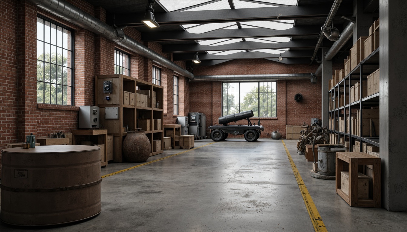 Prompt: Industrial factory setting, neutral color palette, minimal ornamentation, exposed brick walls, metal beams, concrete floors, functional machinery, steel pipes, industrial lighting, urban atmosphere, overcast sky, soft diffused light, shallow depth of field, 2/3 composition, realistic textures, ambient occlusion, worn wooden crates, metal barrels, functional shelving units.