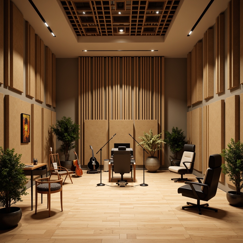 Prompt: Modern recording studio, soundproof walls, acoustic panels, professional audio equipment, microphone stands, music instruments, wooden floors, minimal decor, soft ambient lighting, warm beige colors, 3/4 composition, shallow depth of field, realistic textures, ambient occlusion.