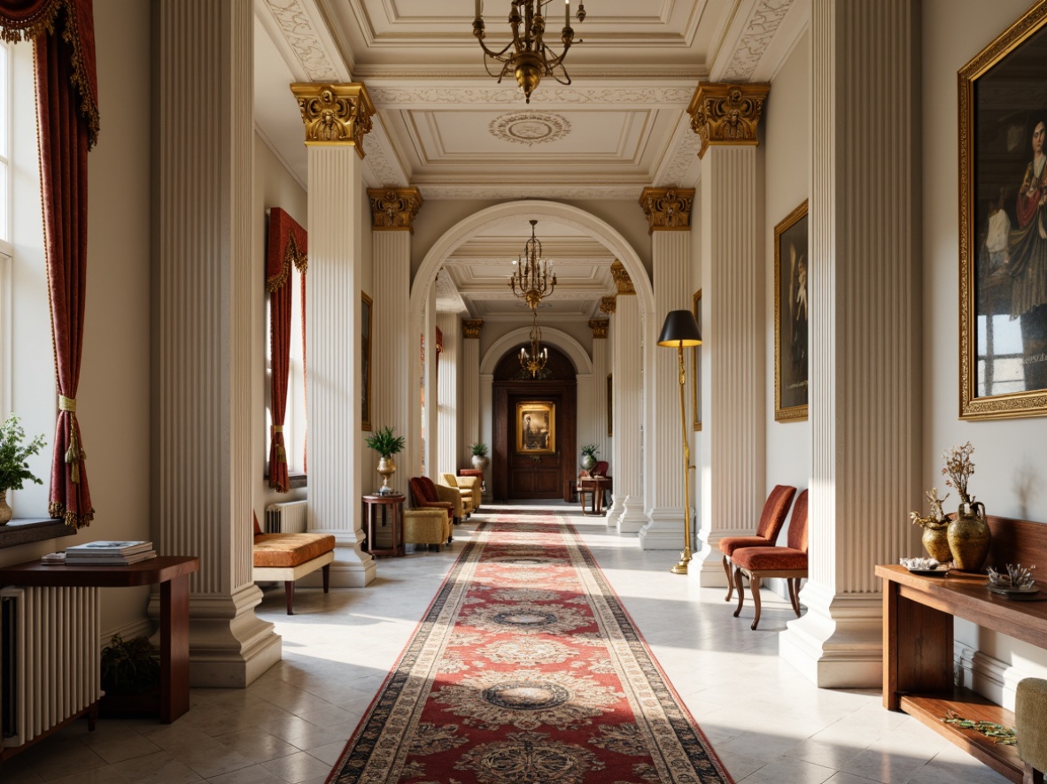 Prompt: Elegant neoclassical interior, ornate columns, intricately carved capitals, fluted shafts, white marble floors, richly patterned rugs, lavish chandeliers, opulent furnishings, velvet drapes, gilded frames, classic oil paintings, subtle color palette, warm golden lighting, shallow depth of field, 1/1 composition, symmetrical arrangement, realistic textures, ambient occlusion.